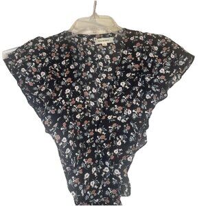 Max Studio Black Floral Print Flutter Sleeve Ruffle Tie Waist Blouse Top Sz S